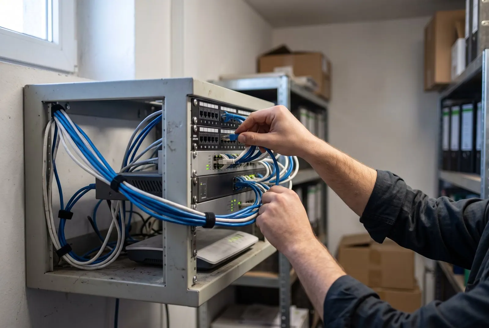 Techniker patcht den Netzwerkschrank – IT-Modernisierung im Mittelstand